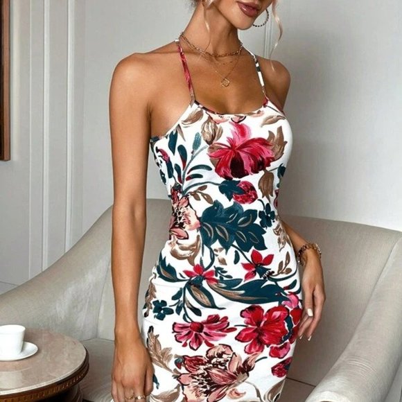 Floral Print Criss Cross Backless Bodycon Dress - Picture 3 of 5